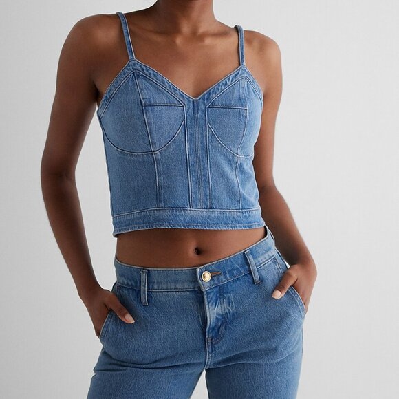 Express Denim Crop Corset Top Sweetheart Neckline Zipper Back Spaghetti Straps - Picture 1 of 11
